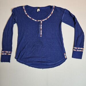 We The Free People Top Womens M Boho Waffle Thermal Embroidered‎ Henley Blue